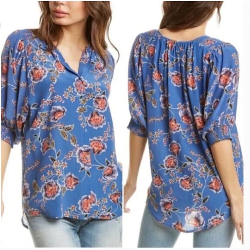 Johnny Was Jade Raine Easy Blouse Silk Blue Floral Puff Sleeve Top Sz S